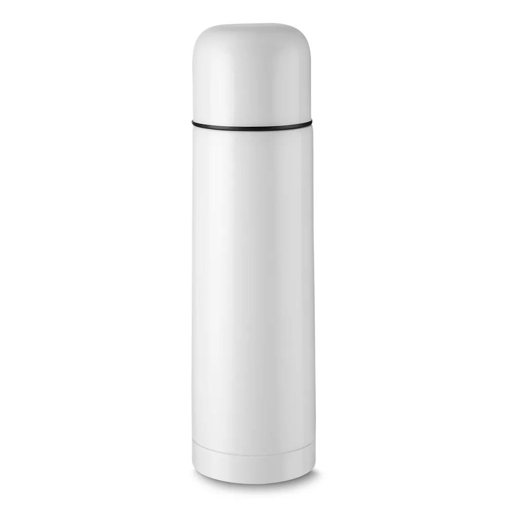 Garrafa térmica inox 500ml branca com tampa e detalhe preto em fundo branco