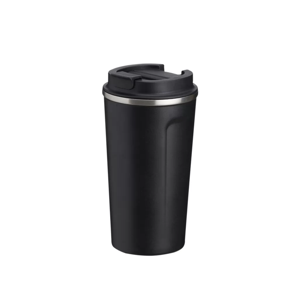 Copo inox parede dupla 500ml preto com tampa dosadora e borda metálica em fundo branco
