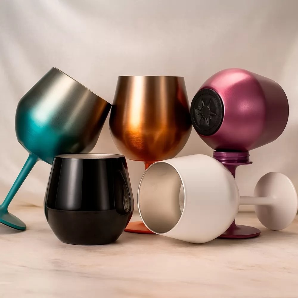 Taças térmicas desmontáveis 350ml em inox em várias cores, exibidas montadas e desmontadas
