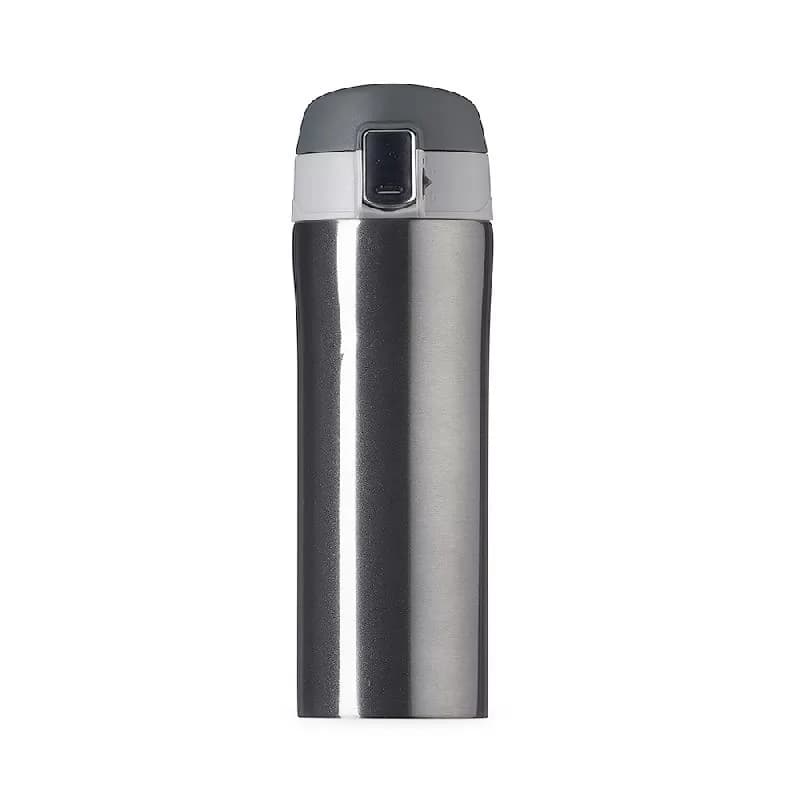 Garrafa térmica de metal 350ml cinza em aço escovado com tampa dosadora sobre fundo branco