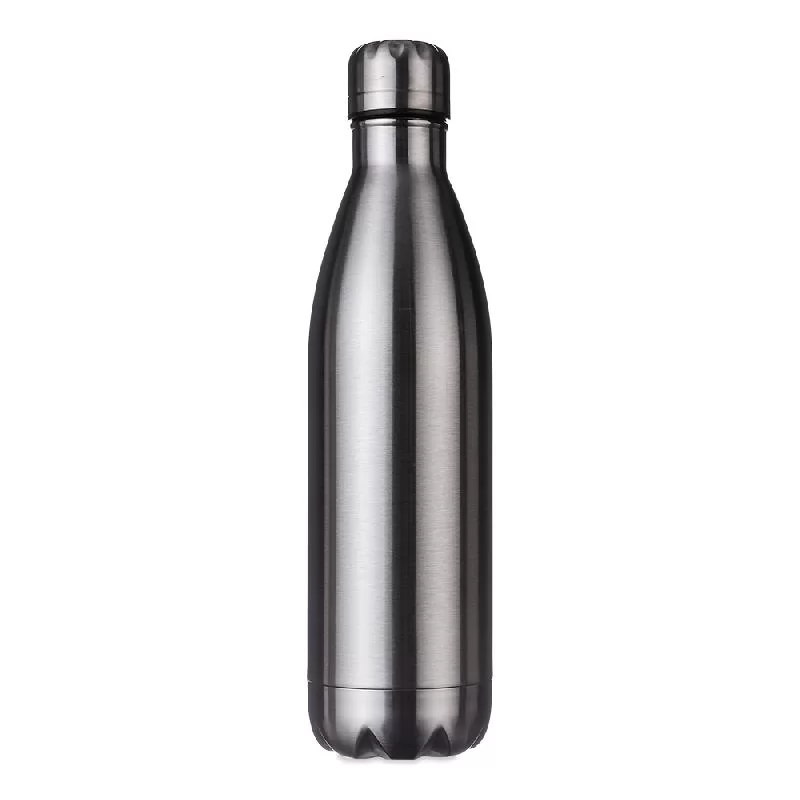 Garrafa térmica de inox 780ml com acabamento metálico escovado em fundo branco