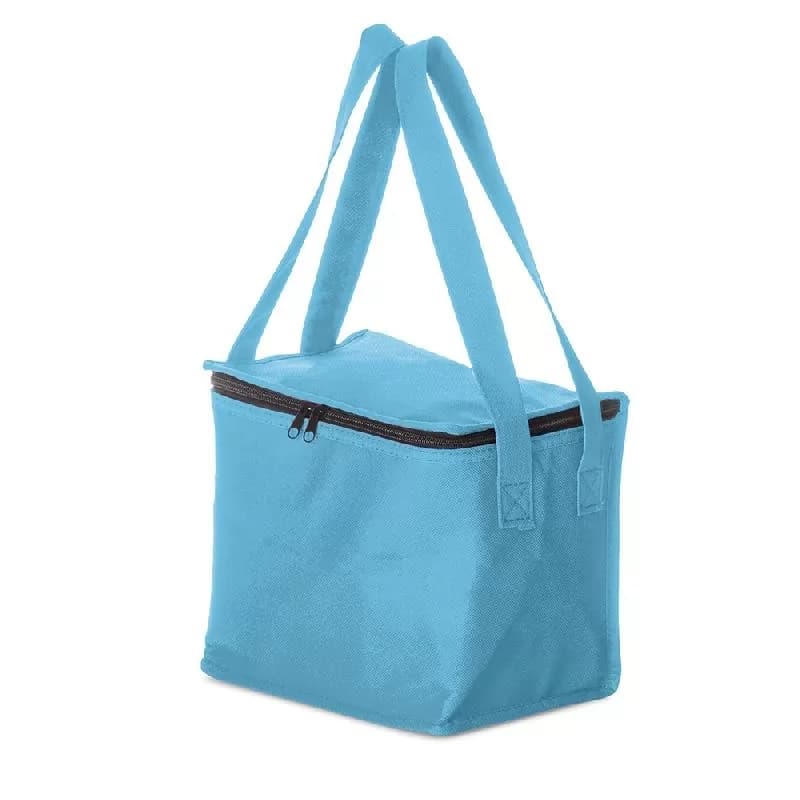 Bolsa térmica 8,5 litros em TNT na cor azul com zíper e alças duplas compridas em fundo branco