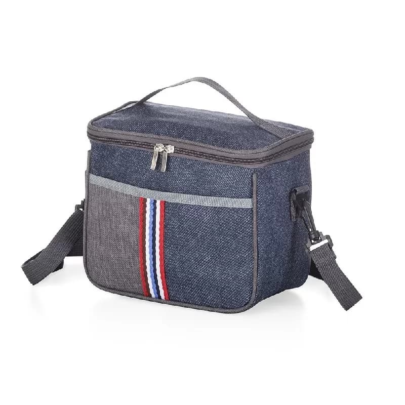 Bolsa térmica 7,3 litros em nylon azul mescla com alça de mão, alça de ombro e detalhe listrado frontal