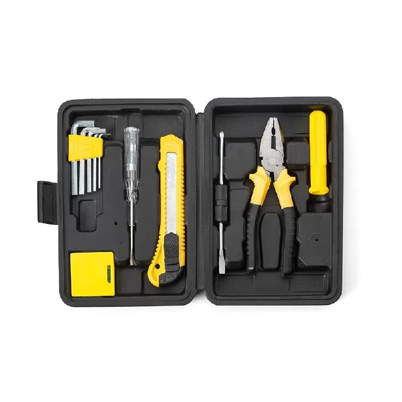 Kit de ferramentas 11 itens em estojo plástico preto aberto com alicate, estilete e chaves em detalhes amarelos