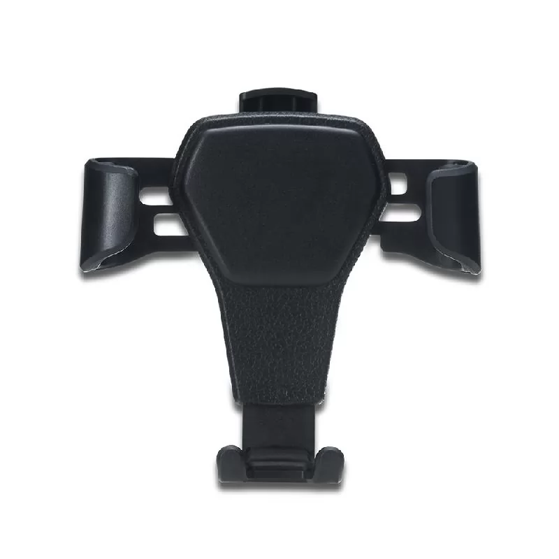 Suporte veicular gravitacional para celular em plástico preto com hastes de encaixe em fundo branco