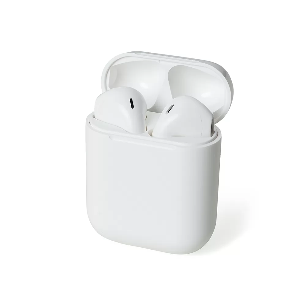 Fone de ouvido bluetooth branco dentro do estojo carregador aberto em fundo branco