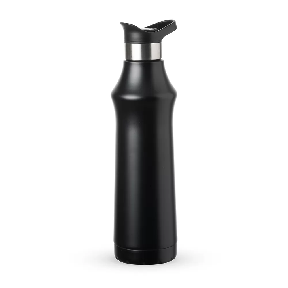Garrafa térmica inox 500ml preta com tampa anatômica e detalhe metálico vista de frente