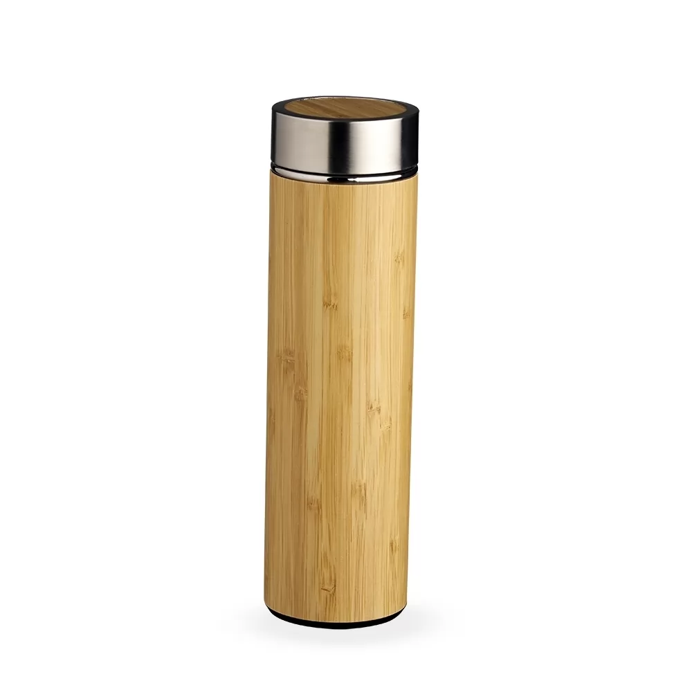Garrafa térmica de bambu com tampa em aço inox em vista frontal sobre fundo branco