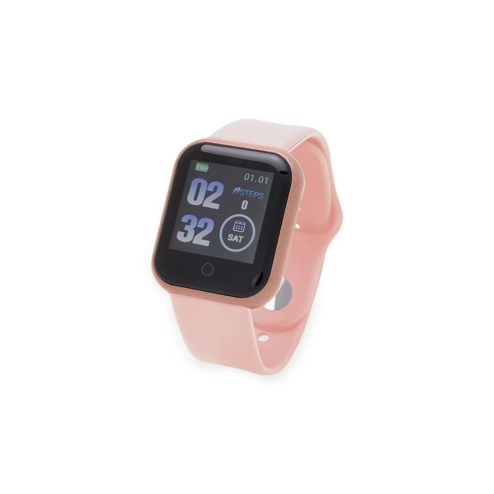 Smartwatch D20 rosa com pulseira de silicone e visor digital ligado visto em ângulo