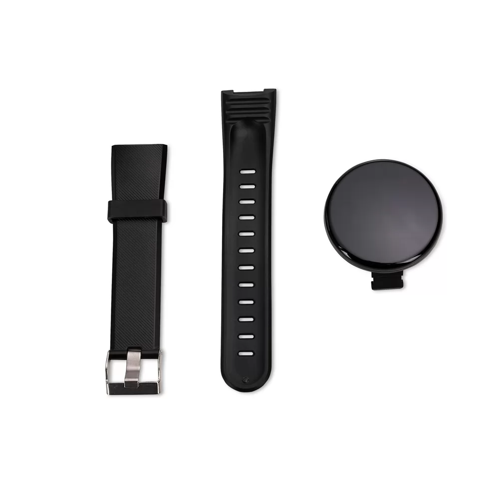 Smartwatch D118 preto desmontado com mostrador circular e pulseira de silicone sobre fundo branco