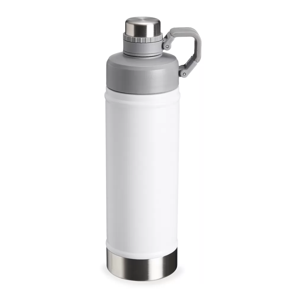 Garrafa térmica inox branca de 700ml com tampa cinza e alça de transporte em fundo branco