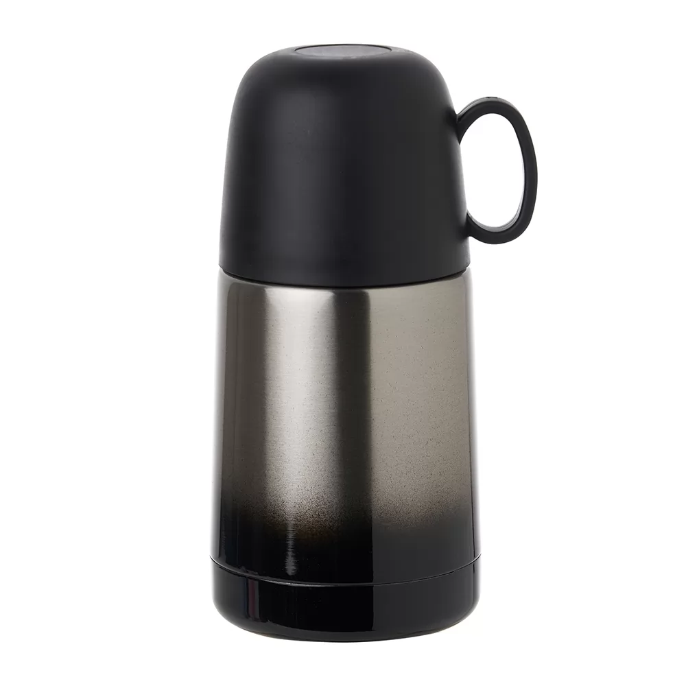 Garrafa térmica 250ml em inox com acabamento preto degradê e tampa com alça