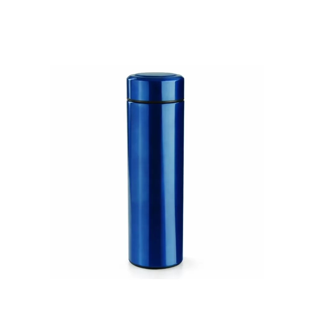 Garrafas térmicas inox 500ml em várias cores com tampa e infusor metálico destacados sobre fundo branco