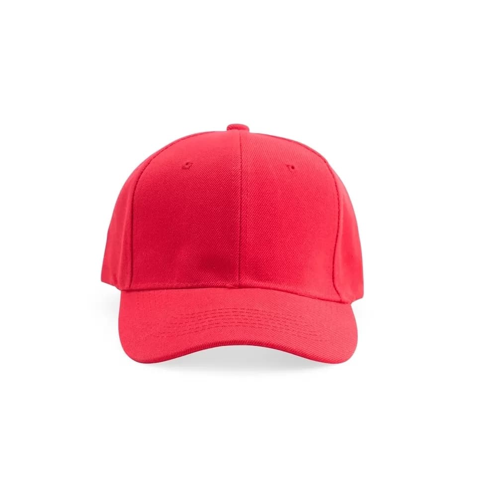Boné vermelho de seis gomos visto de frente, com aba curva, botão forrado no topo e ilhoses de ventilação