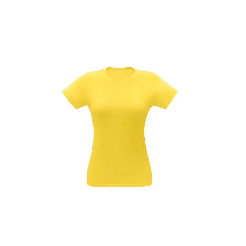 Camiseta feminina amarela de manga curta e gola redonda vista de frente sobre fundo branco