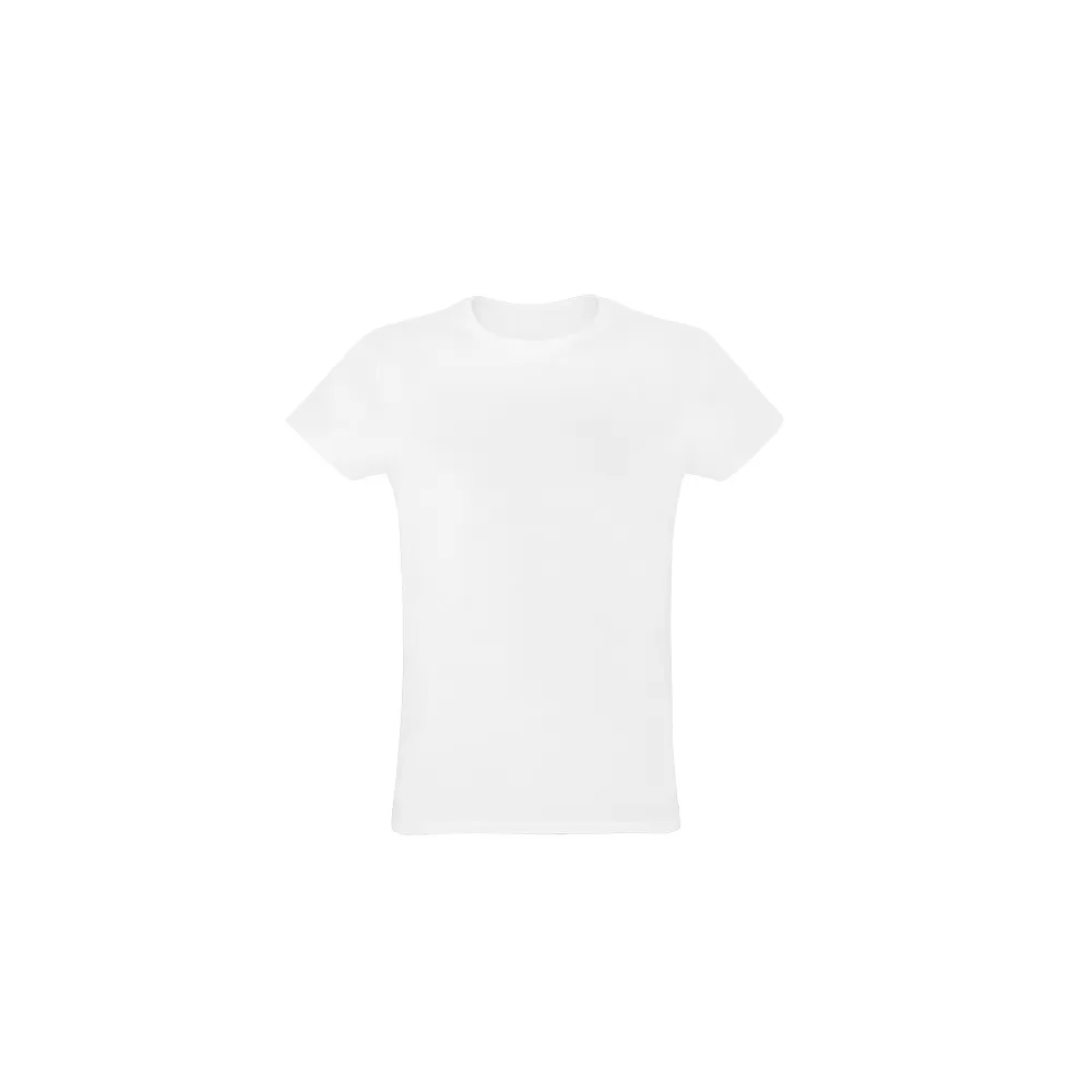 Camiseta unissex branca em algodão com gola redonda e mangas curtas vista de frente