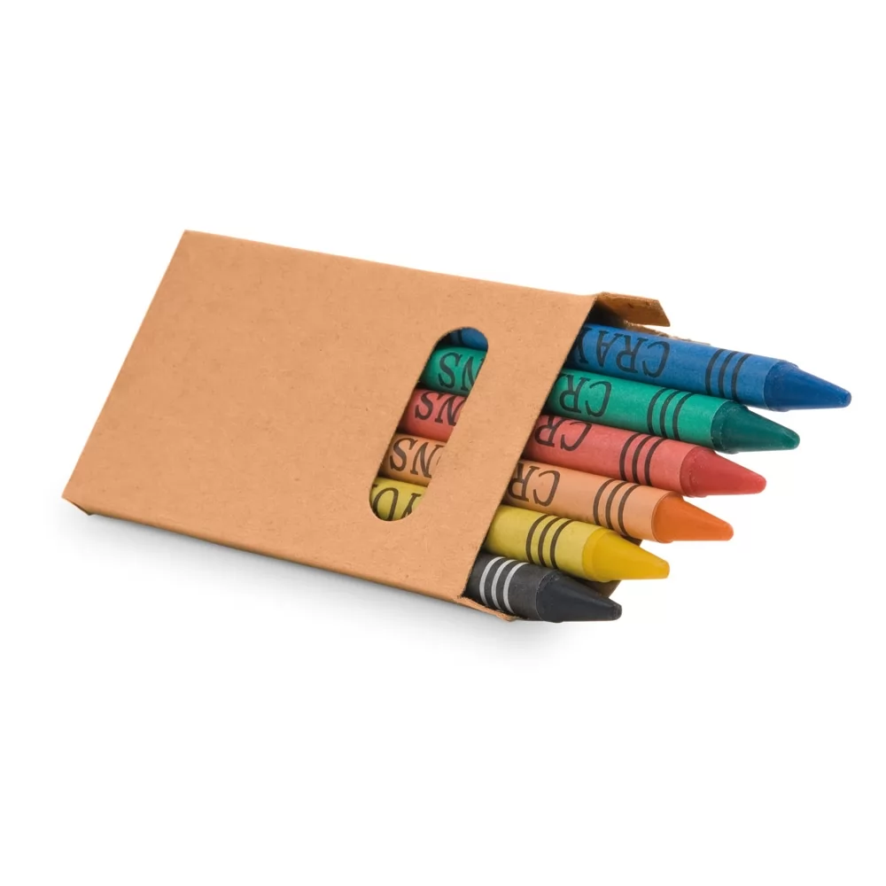 Caixa de cartão com 6 gizes de cera Eagle em papel kraft natural com pontas coloridas expostas