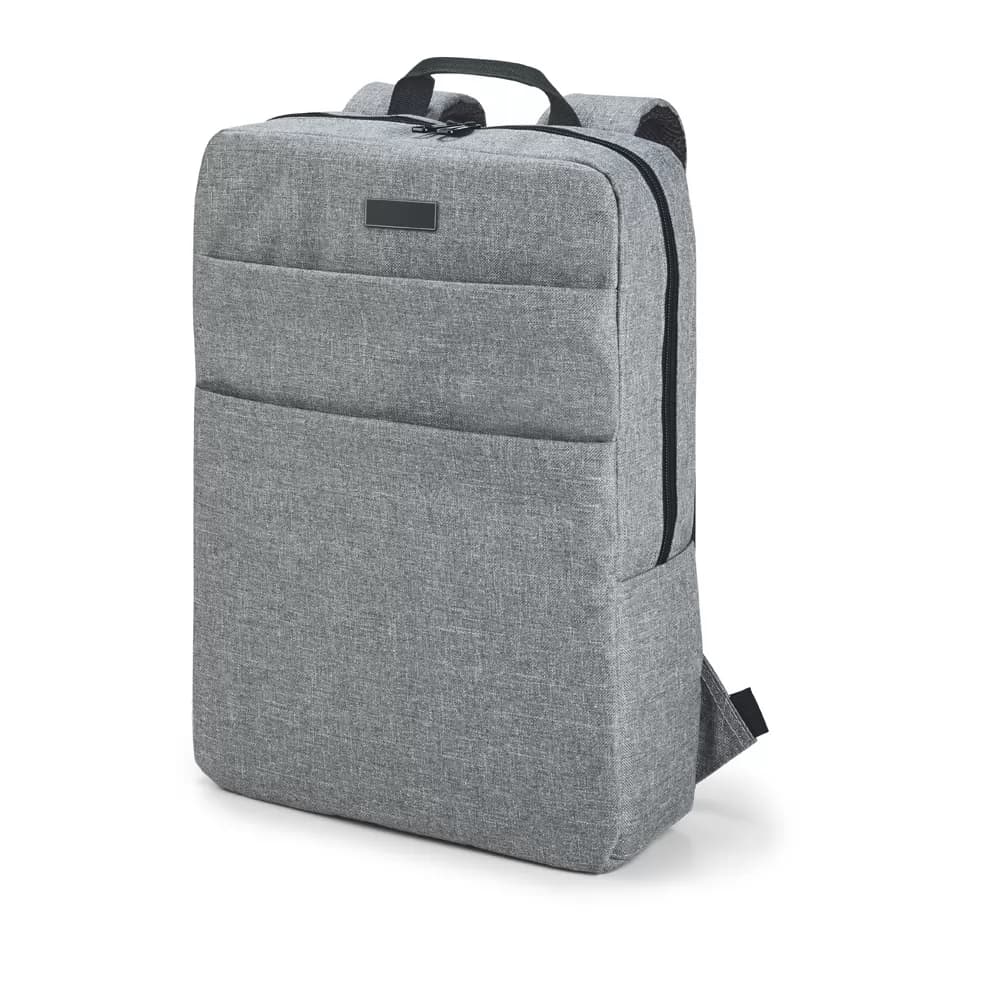 Mochila para notebook Graphs Plate em tecido cinza mescla com placa frontal retangular e zíper preto em fundo branco