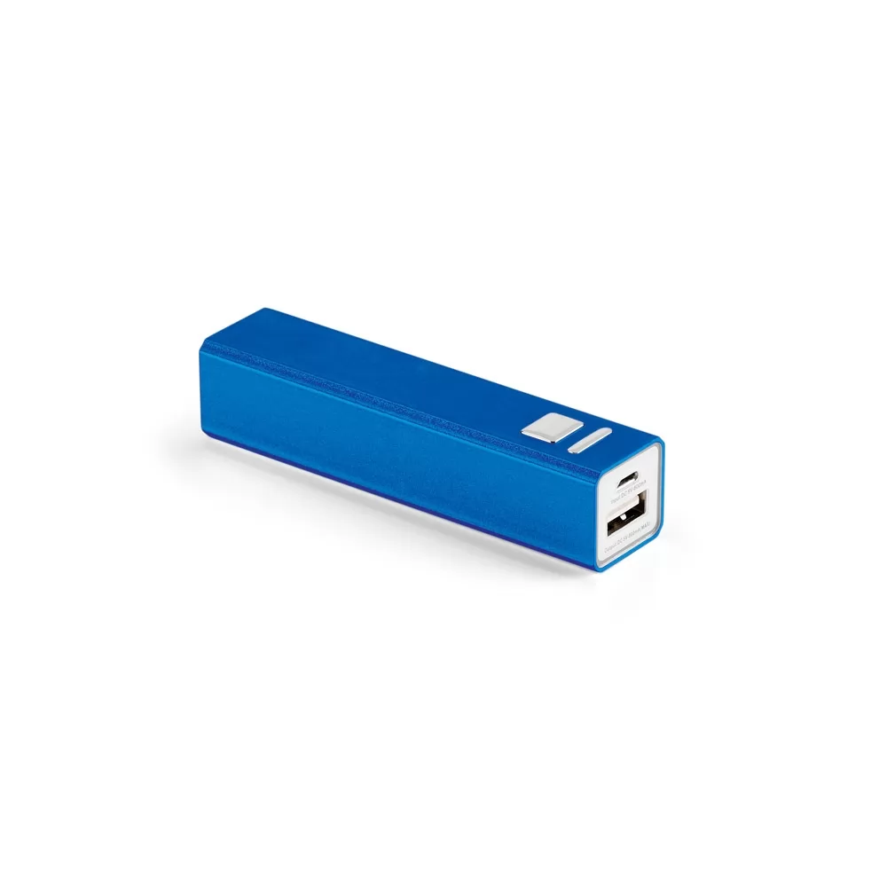 Bateria portátil Leo 2.2 metálica nas cores azul, preto, prata e vermelho com cabo USB