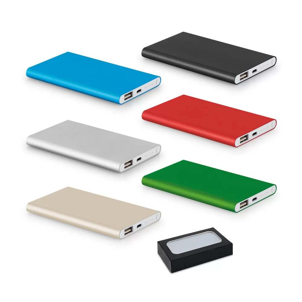 Bateria Portátil Coulomb 4.0 em diversas cores metálicas com conexões USB e embalagem preta
