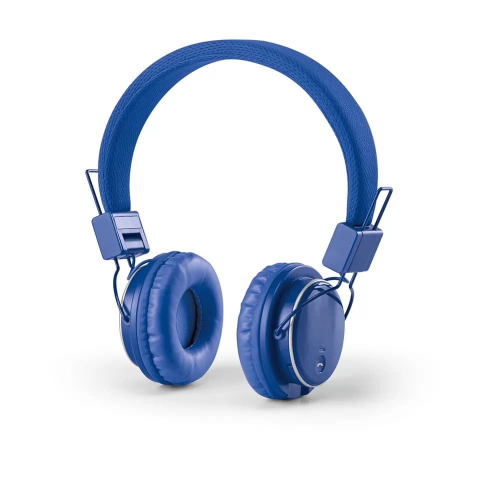 Fones de ouvido bluetooth dobráveis Bannon nas cores branco, azul, vermelho e preto, com embalagem ao lado