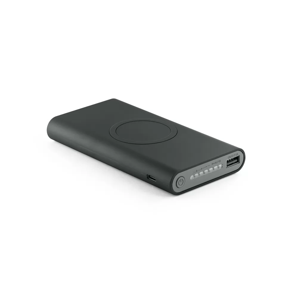 Bateria portátil wireless Aldrin X preta vista em ângulo com área de carregamento por indução