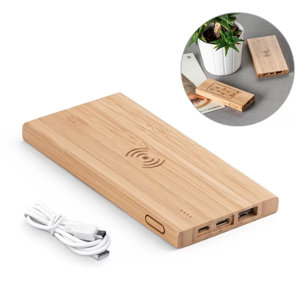 Bateria portátil Fitch Eco em bambu natural com carregador por indução e cabo USB branco