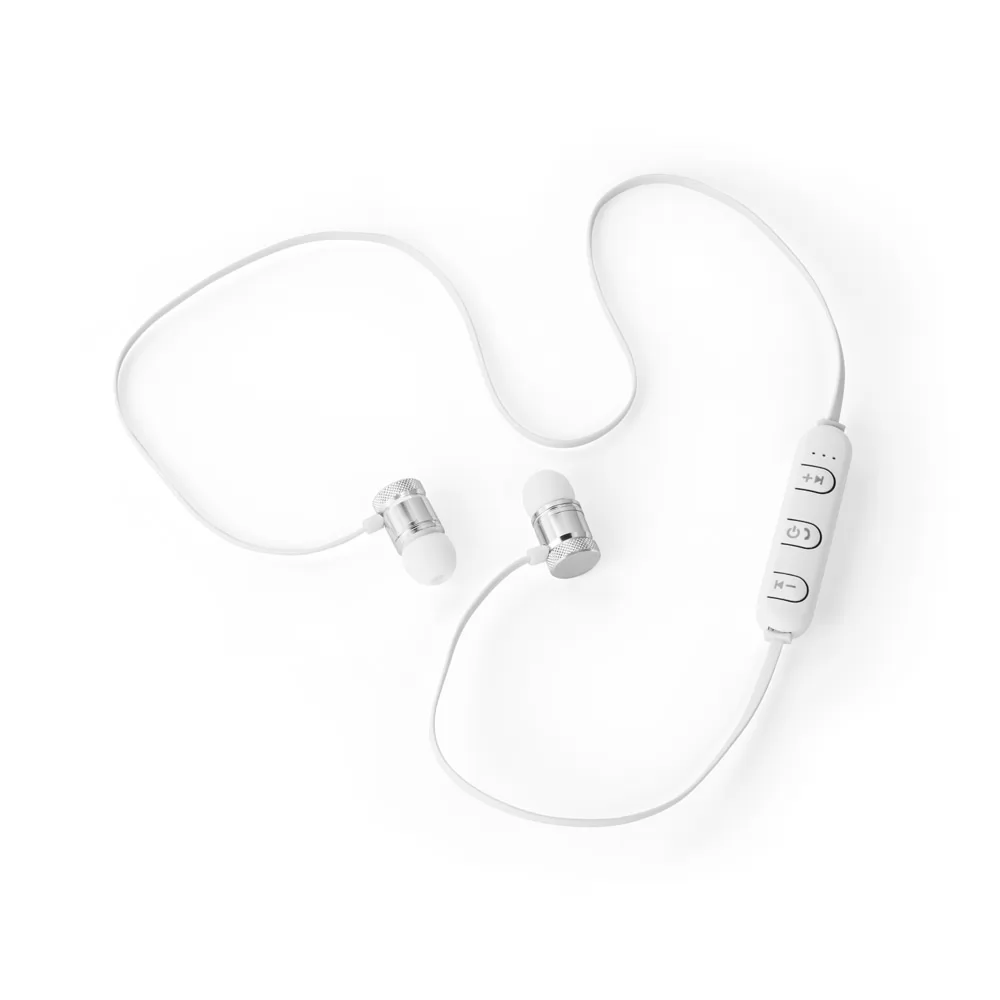 Fone de ouvido bluetooth Ottoflex nas cores preto e branco com detalhes metálicos e estojo com zíper