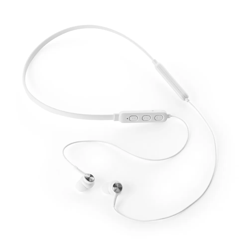 Fones de ouvido bluetooth Medley com apoio de pescoço nas cores preto e branco, com saquinho e foto de uso