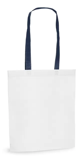 Sacola branca com alças longas em azul marinho sobre fundo branco