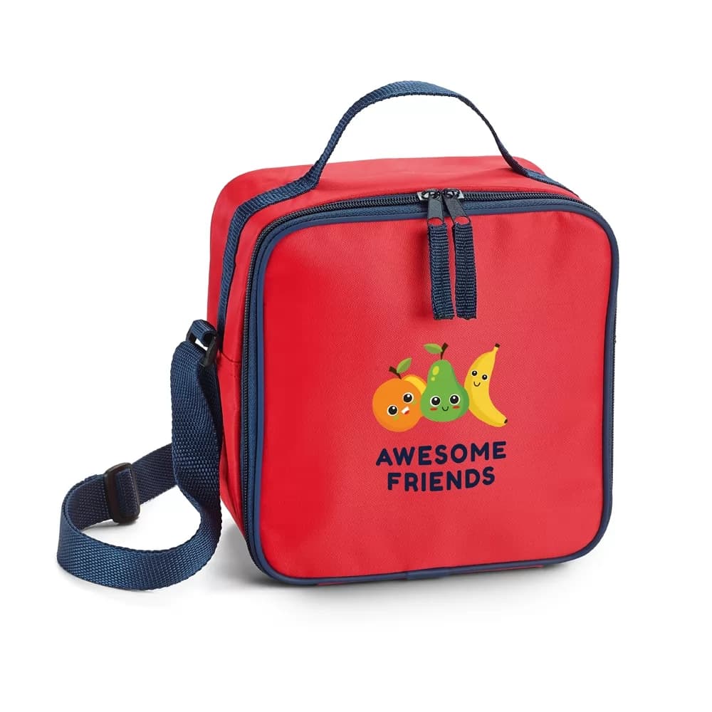 Bolsa Térmica Turtle 4,5 Litros vermelha com alças em azul marinho e estampa frontal colorida
