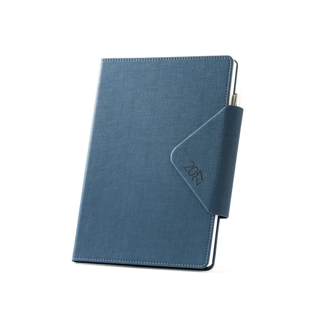 Agenda B5 em PU Vertix azul fechada com fecho lateral e caneta acoplada