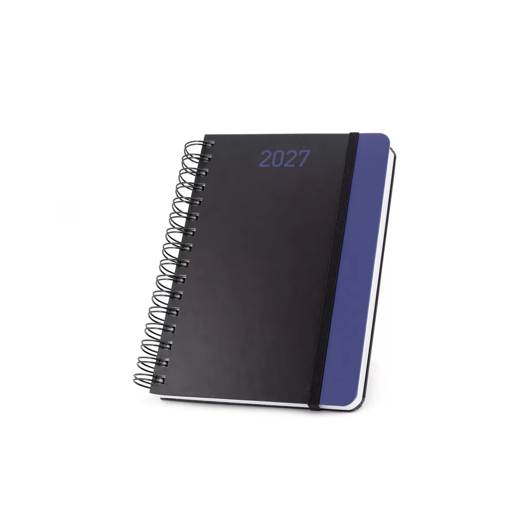 Agenda A5 Brecht preta com detalhe azul, espiral wire-o e elástico de fechamento em fundo branco