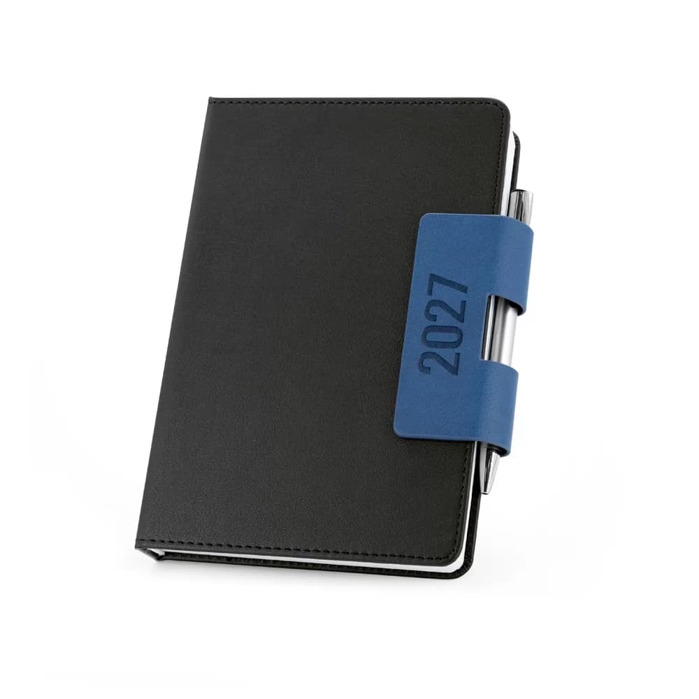 Agenda Spenser em PU cinza com fecho magnético azul gravado 2027 e caneta acoplada