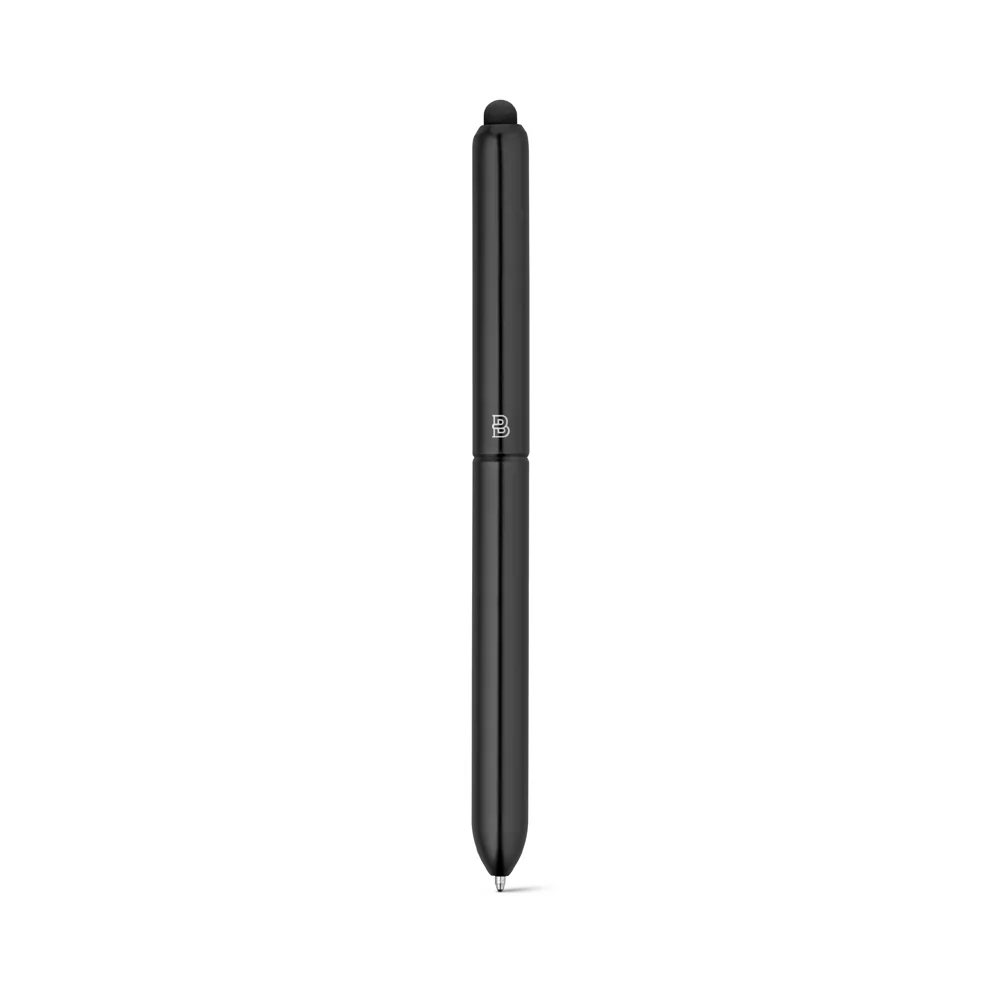 Caneta Esferográfica Neo preta com ponteira touch e logotipo personalizado na vertical