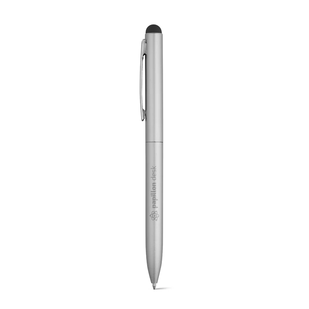 Caneta esferográfica touch Wass prateada com clipe metálico, ponta touch e gravação personalizada em fundo branco