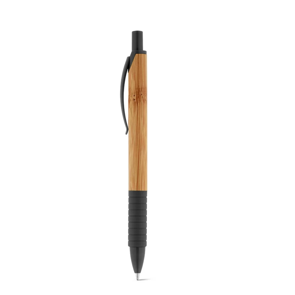 Caneta Esferográfica Pati com corpo de bambu e detalhes em preto sobre fundo branco