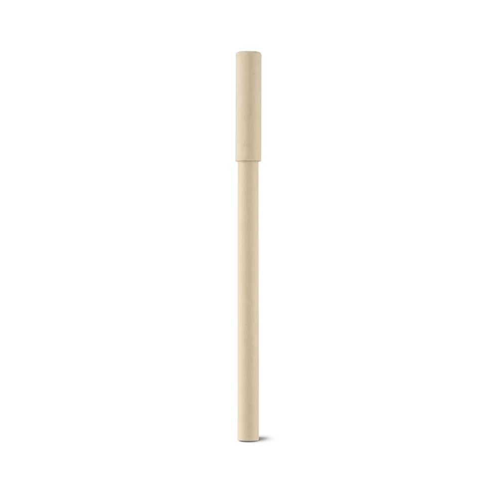 Caneta Esferográfica Recicla na cor natural em papel kraft posicionada na vertical com tampa fechada