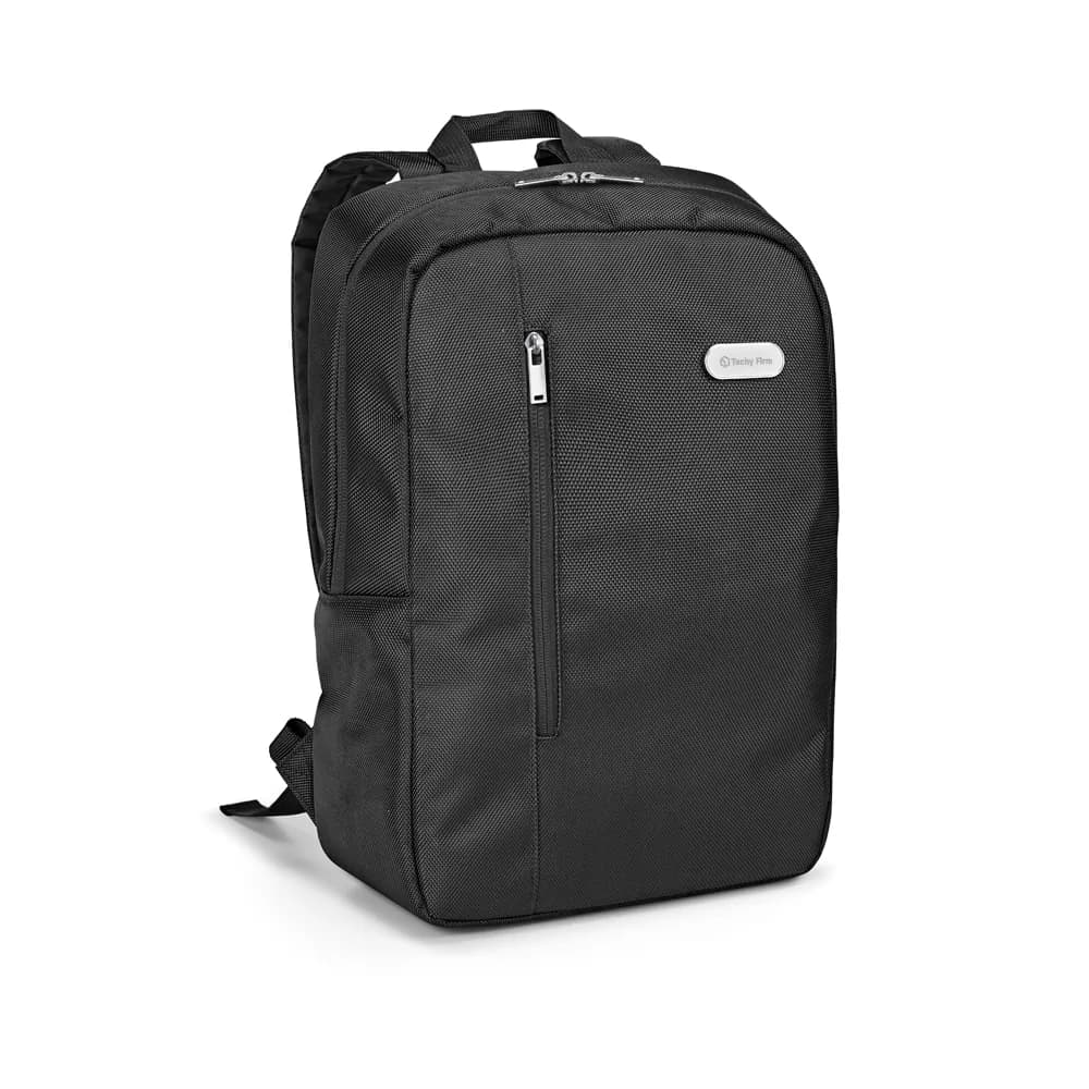 Mochila para notebook Devin preta em tecido texturizado com zíper frontal vertical e logo personalizado