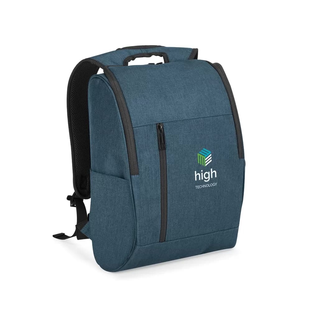 Mochila para notebook Lunar em tecido azul mesclado personalizada com logo frontal