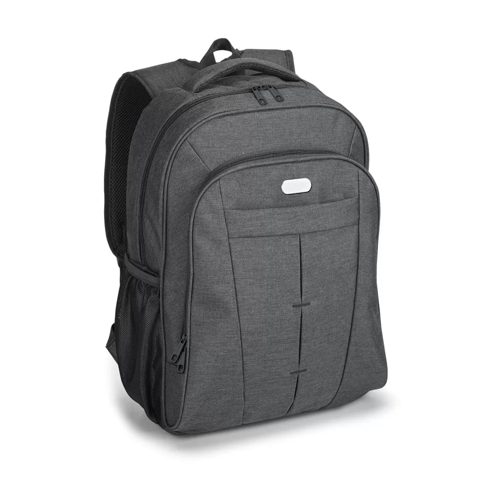Mochila para Notebook 17 Arky em tecido cinza escuro mescla com bolsos frontais e placa de metal