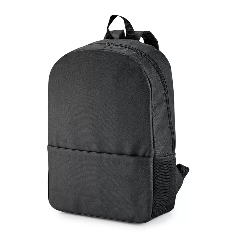 Mochila para notebook Hexa Bpack preta vista em ângulo com bolso frontal e bolso lateral em tela
