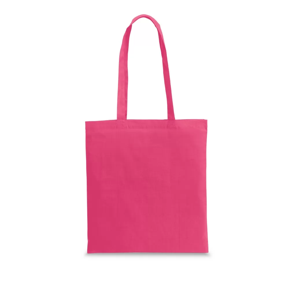 Sacola de algodão reciclado Mexico na cor rosa pink, vista frontal com alças compridas sobre fundo branco