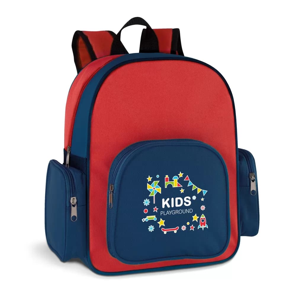 Mochila Benny 600D vermelha e azul com bolsos laterais e estampa infantil personalizada no bolso frontal