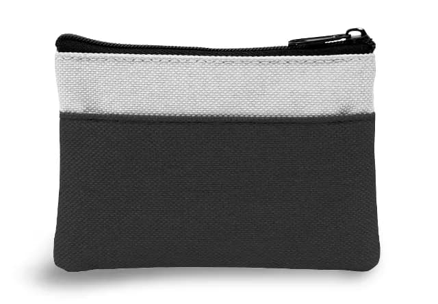 Chaveiro bolsa Miller em tecido preto com faixa branca superior e zíper preto, visto de frente em fundo branco