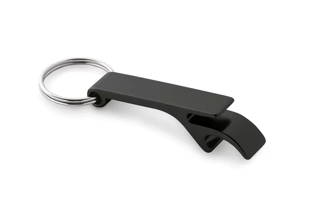 Chaveiro Baitt abridor de garrafas em metal preto com argola prateada em perspectiva