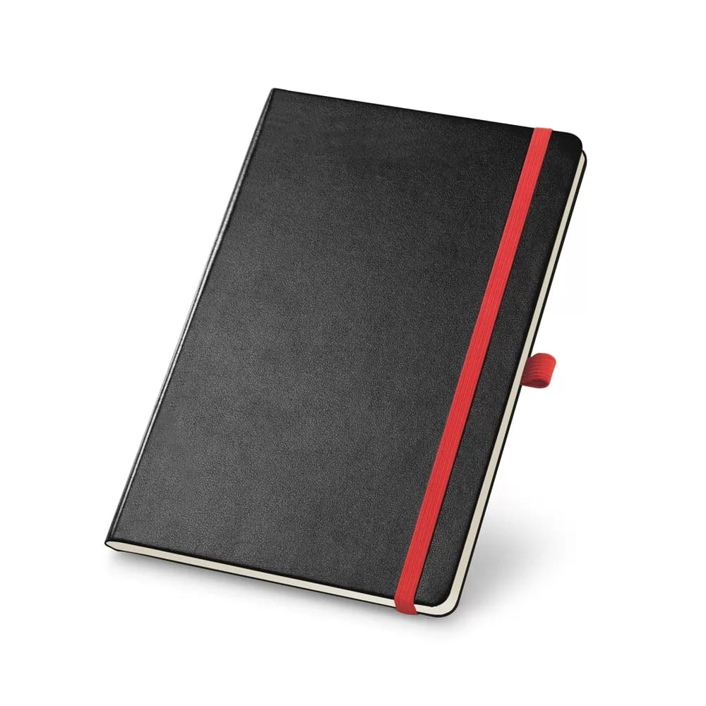 Caderno Capa Dura Bouvier preto com elástico e suporte para caneta vermelhos em fundo branco