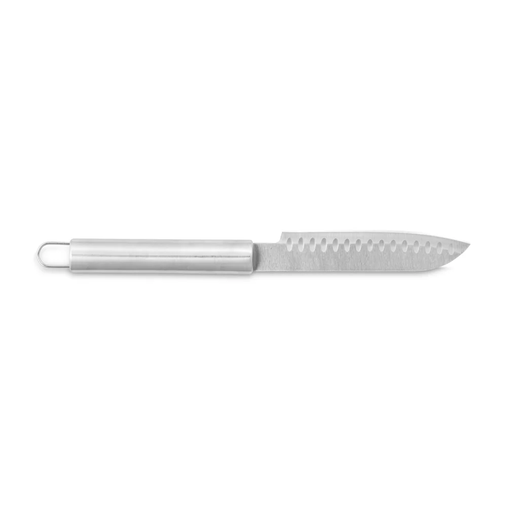 Faca em aço inox do Kit Churrasco Mace com lâmina alveolada e cabo com alça