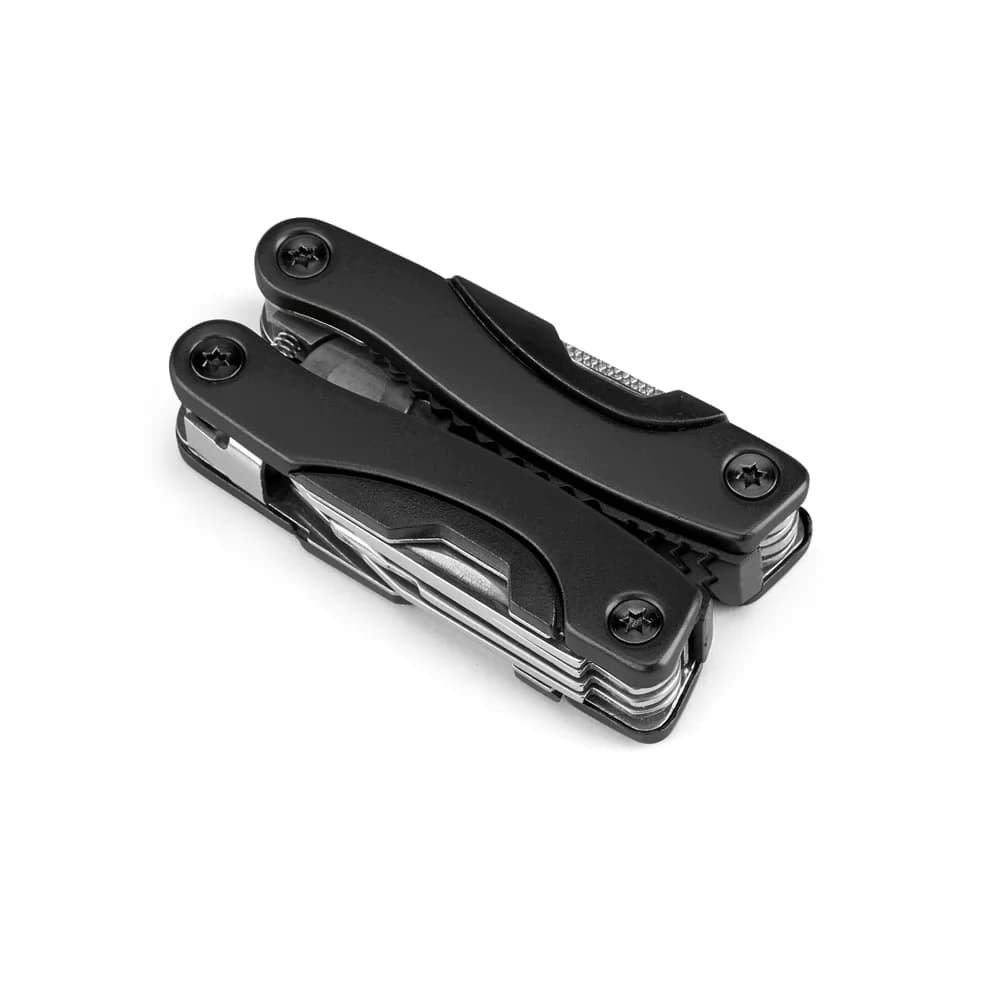 Mini alicate multifunções dobrável Dunito preto fechado com detalhes em metal sobre fundo branco