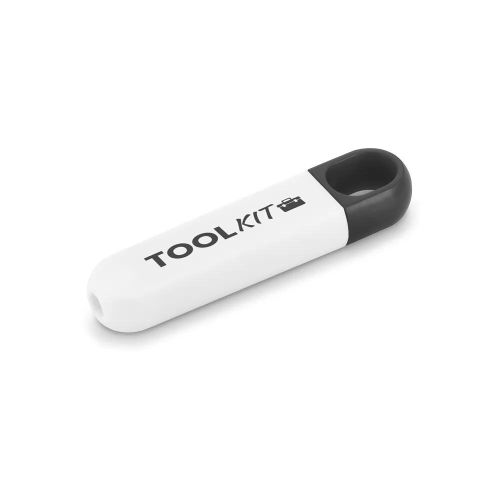 Kit mini ferramentas Chert em plástico branco e detalhe preto com logo Toolkit em ângulo